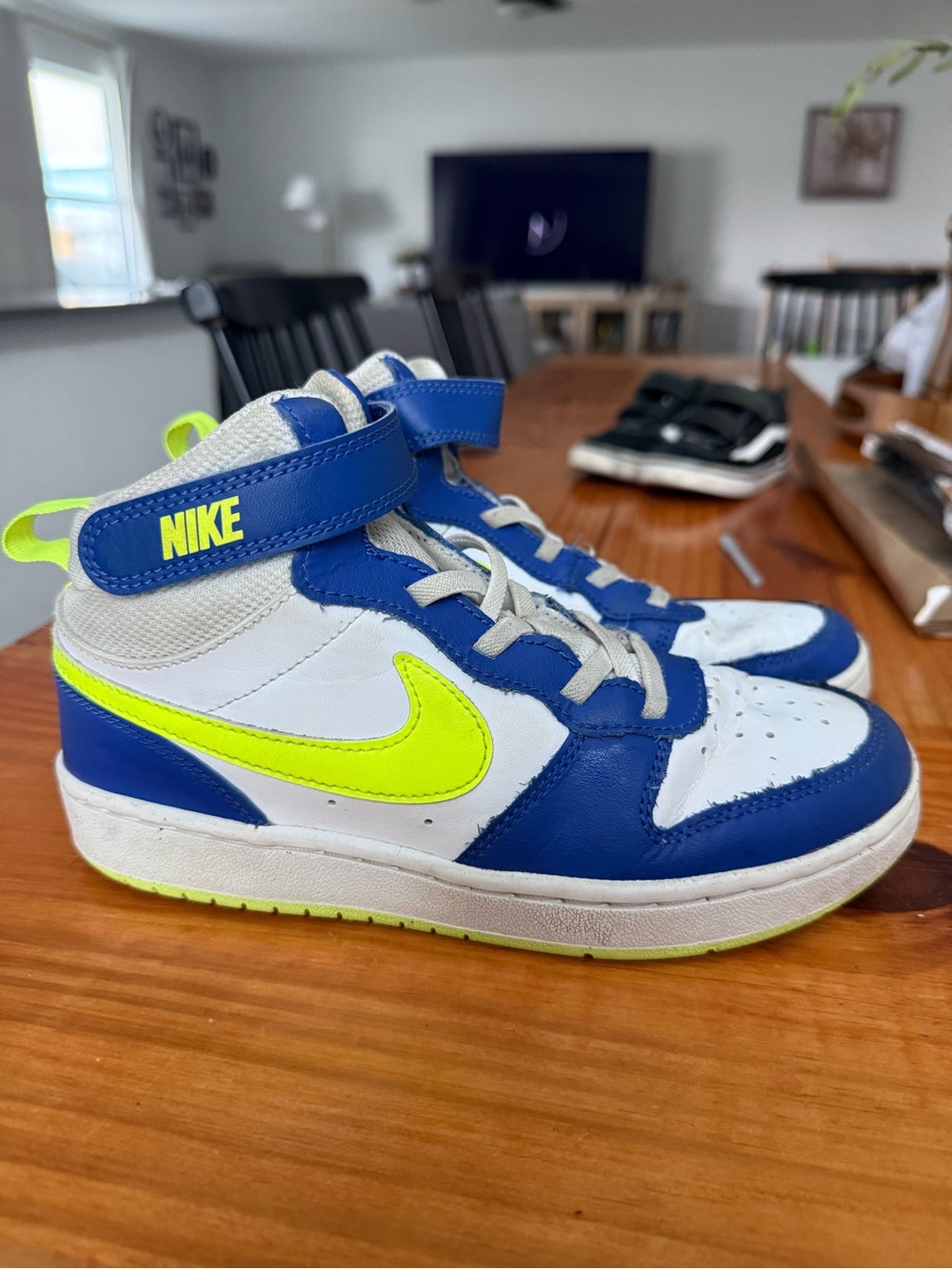 Nike Kids High-Top Sneakers in White, Royal Blue & Neon Yellow